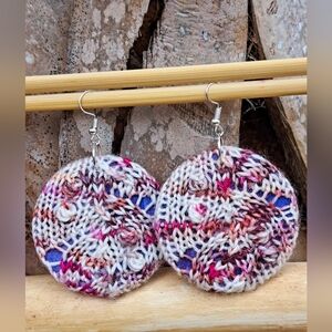 Circle Lace Knit Earrings White Purple Hand Dyed Yarn Butterfly Pink Cotton